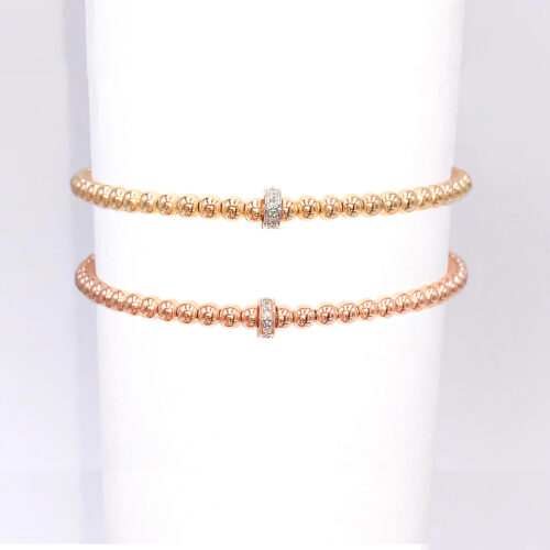 14k Gold Bead Bracelet with Pave Diamond Rondelle