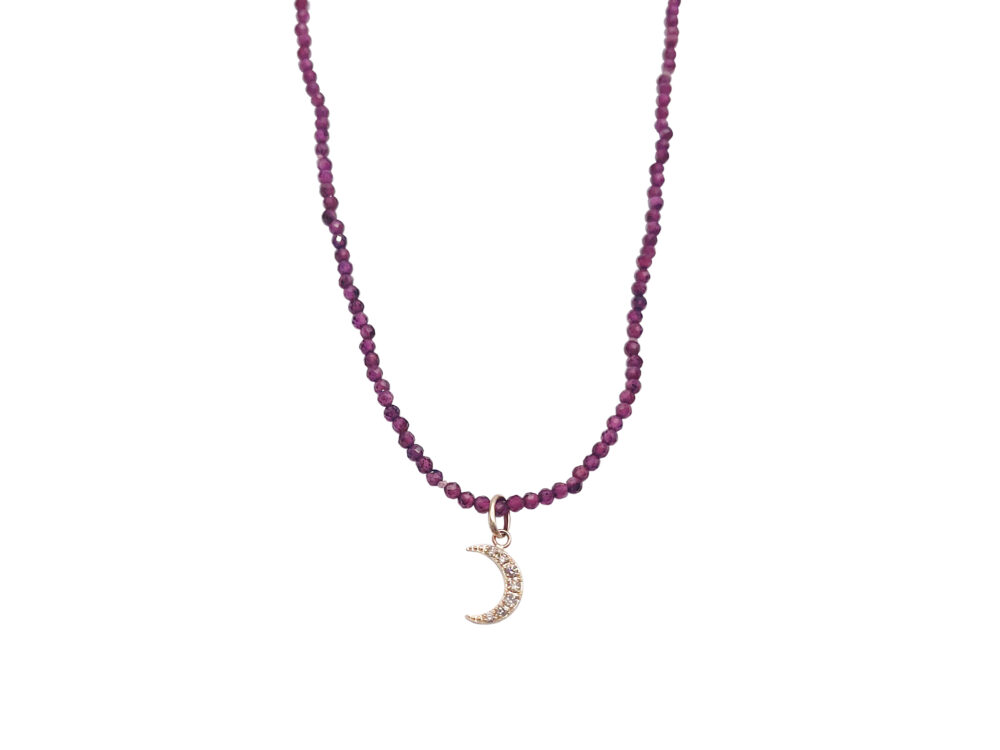 Garnet Necklace With 14k Diamond Crescent Moon Charm
