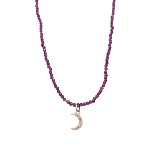 Garnet Necklace With 14k Diamond Crescent Moon Charm
