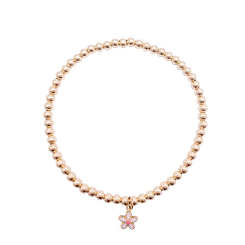 14k Gold Bead Bracelet with Enamel Flower Charm