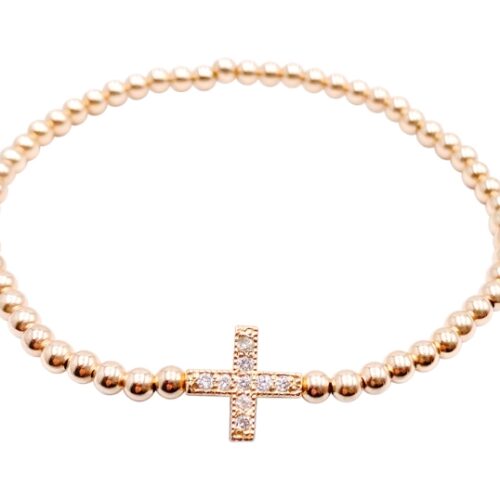 3mm Gold Filled Bead Bracelet with 14k Pave Diamond Cross